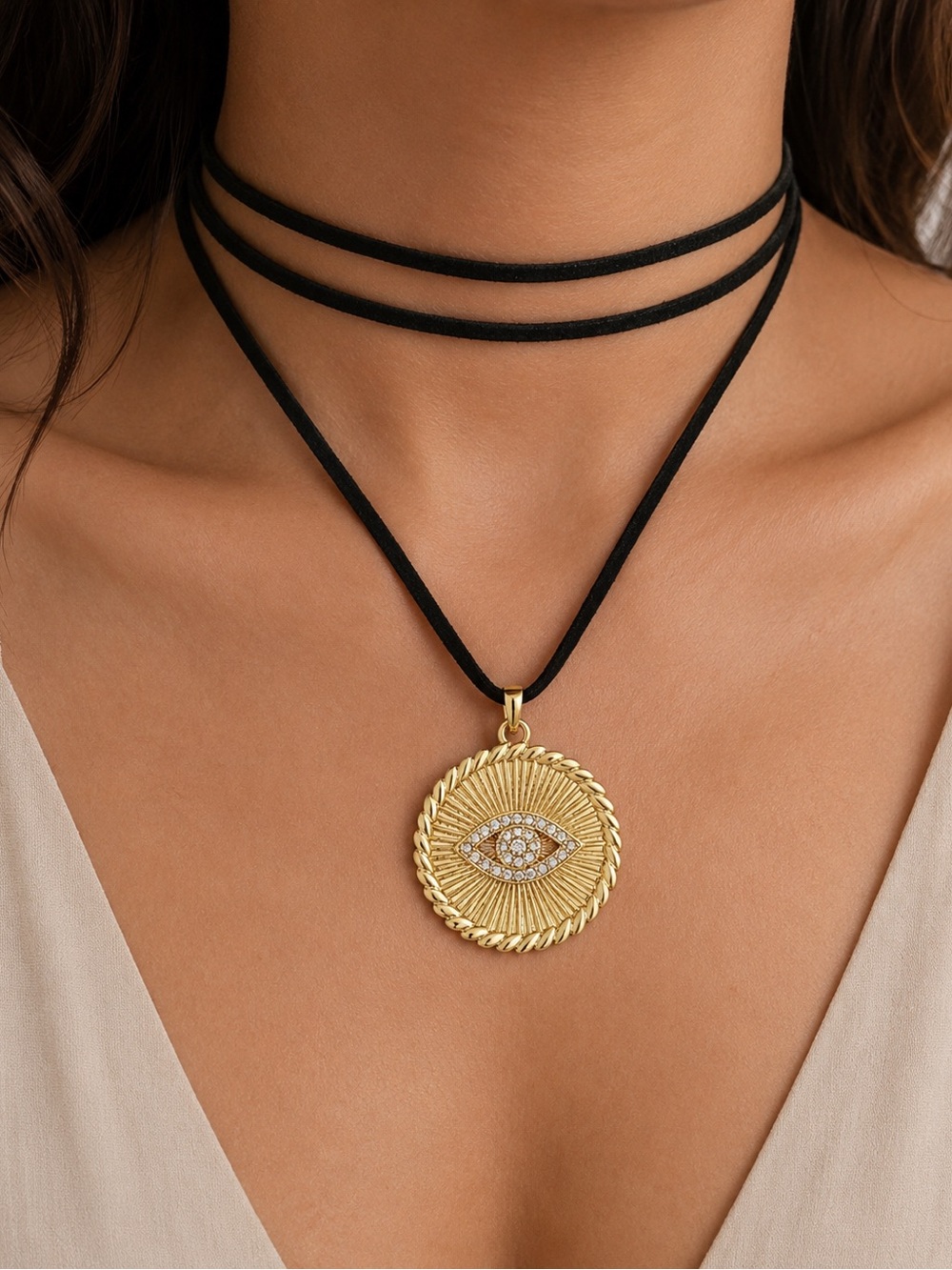 Gold Evil Eye Medallion Pendant Necklace with Black Suede Cord 18K Gold Plated